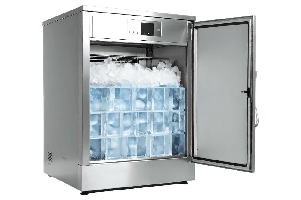 Stainless steel commercial ice cabinet with its door open, showing the storage bin packed full of ice blocks, shown on a white background