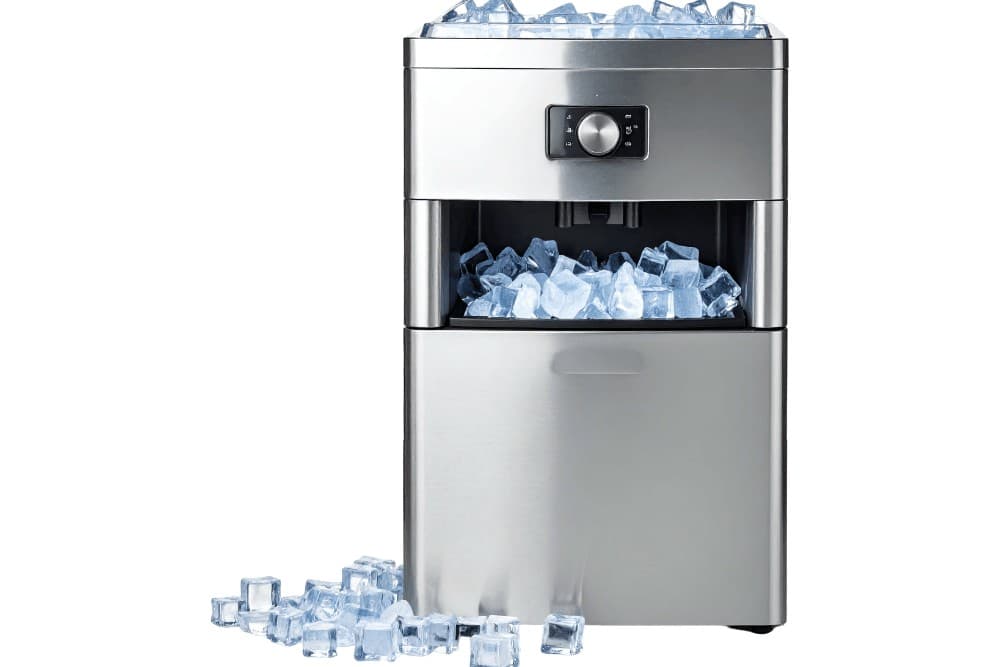 Stainless steel countertop ice maker with its bin full of clear ice cubes and loose cubes scattered in front of it, shown on a white background