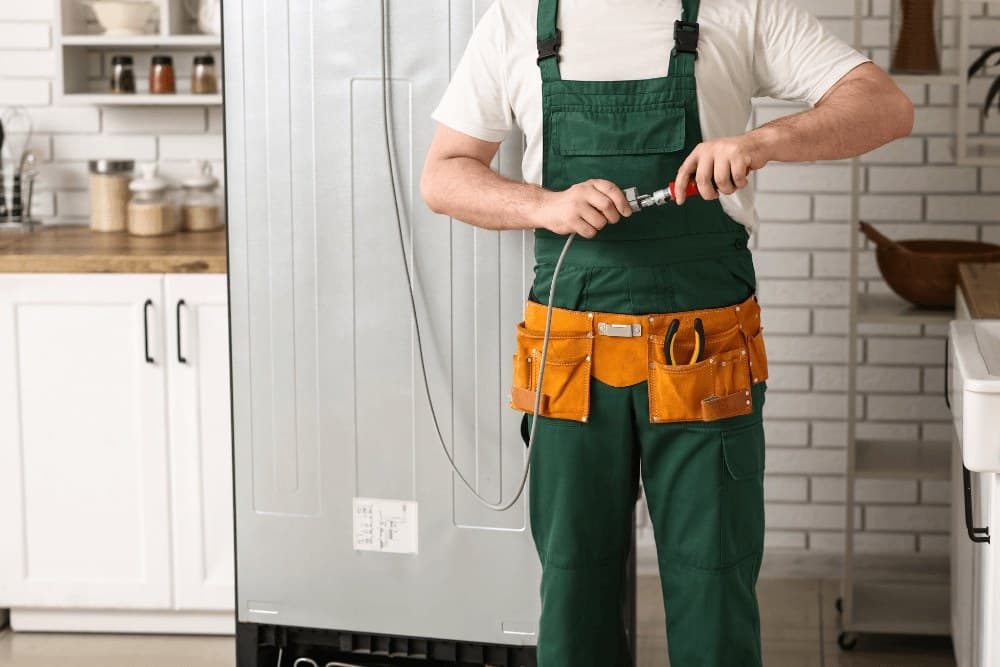 Technician in green overalls with a tool belt holding a screwdriver and a wire in front of a tall refrigerator in a white-brick kitchen