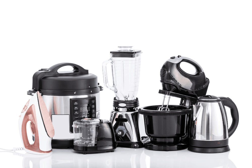 Assortment of small kitchen appliances: multi-cooker, blender, hand mixer, kettle, iron and food chopper